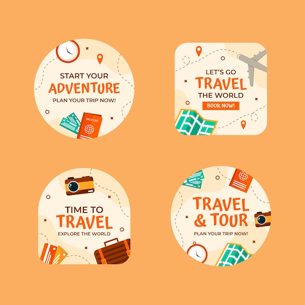 Coleção de rótulos de agência de viagens plana