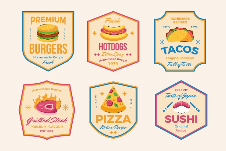 Coleção de rótulos de alimentos com design plano