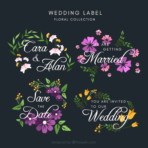 Coleção de rótulos de casamento com design floral