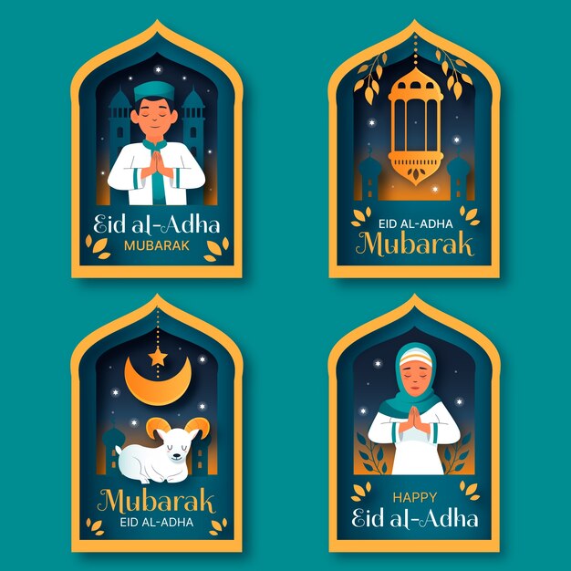 Coleção de rótulos de estilo de papel eid al-adha