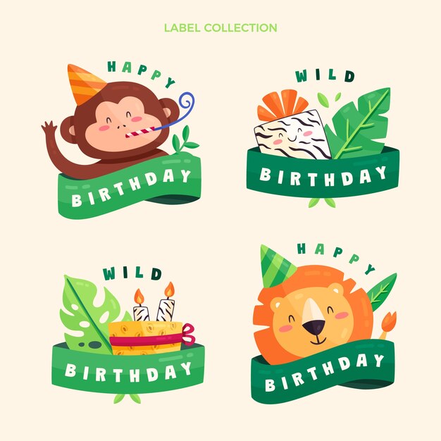 Coleção de rótulos de festa de aniversário de selva plana