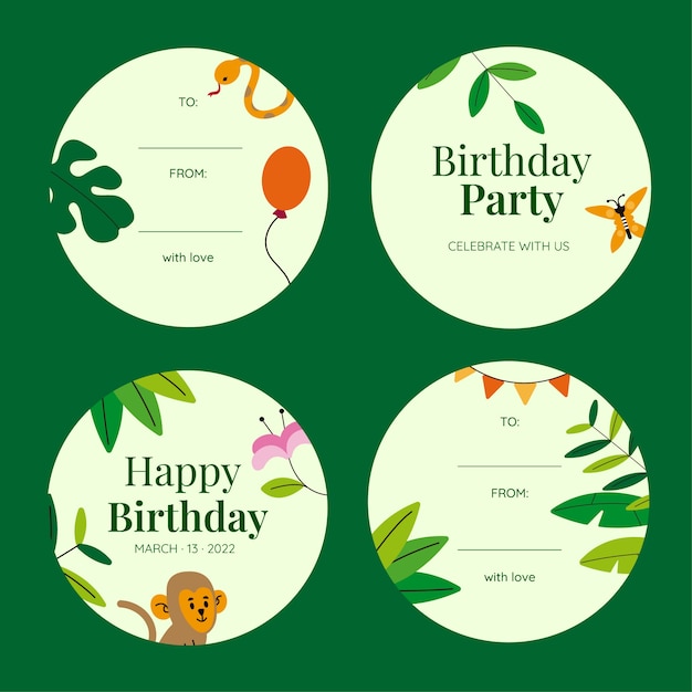 Coleção de rótulos de festa de aniversário de selva plana