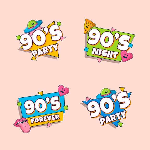 Coleção de rótulos de festa de desenhos animados desenhados à mão dos anos 90