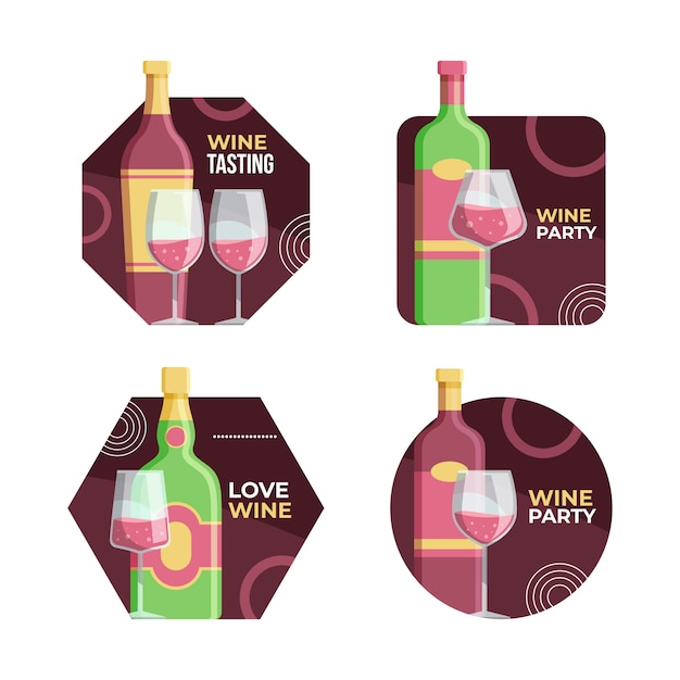 Coleção de rótulos de festa de vinho de design plano