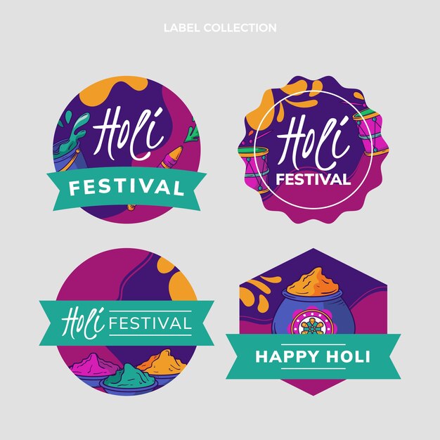 Coleção de rótulos de holi desenhados à mão