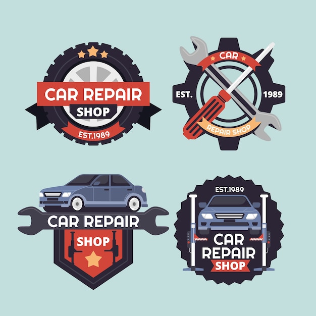 Coleção de rótulos de serviços de oficina de reparação de carros planos