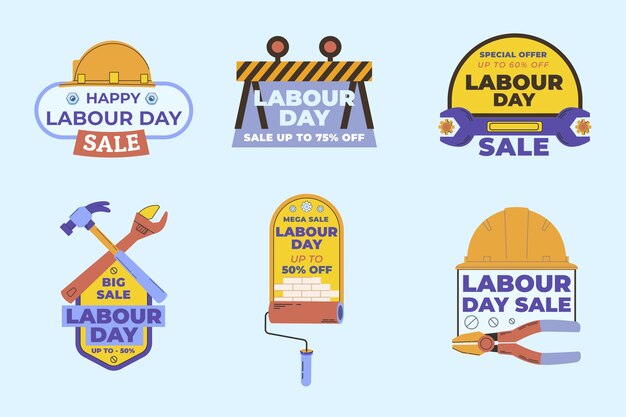 Coleção de rótulos de venda do dia do trabalho plana