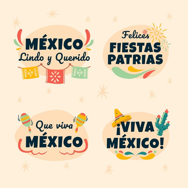 Coleção de rótulos desenhados à mão para celebração da independência do méxico