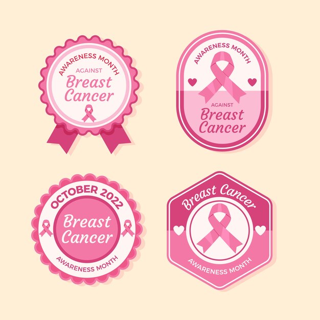 Vetor grátis coleção de rótulos do mês de conscientização do câncer de mama plana