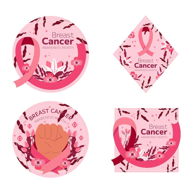 Vetor grátis coleção de rótulos do mês de conscientização do câncer de mama plana