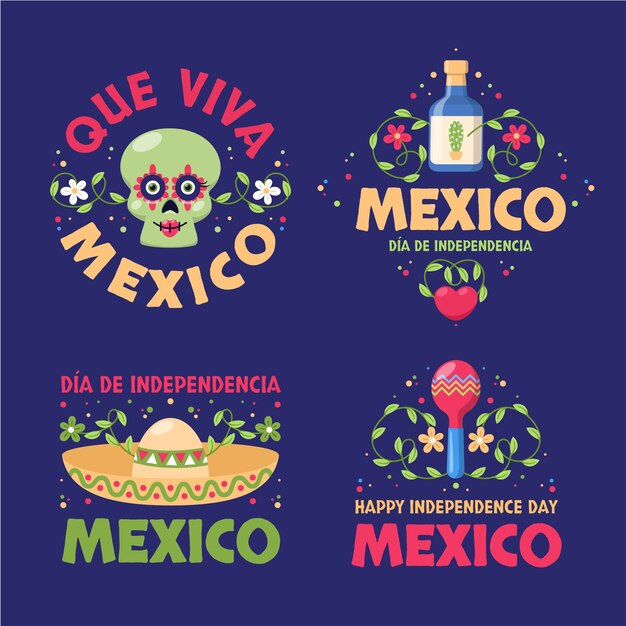 Coleção de rótulos planos para celebração da independência do méxico