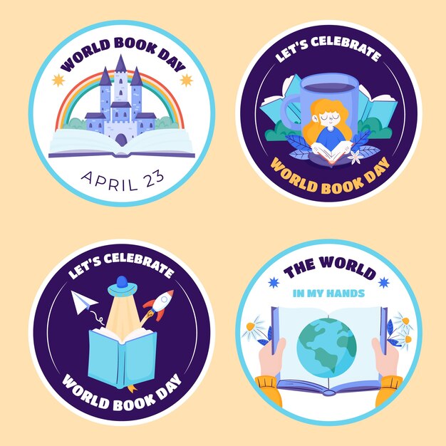 Coleção de rótulos planos para celebração do dia mundial do livro