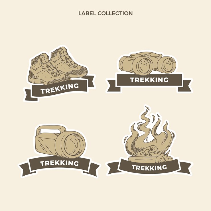 Vetor grátis coleção de rótulos vintage de trekking desenhados à mão