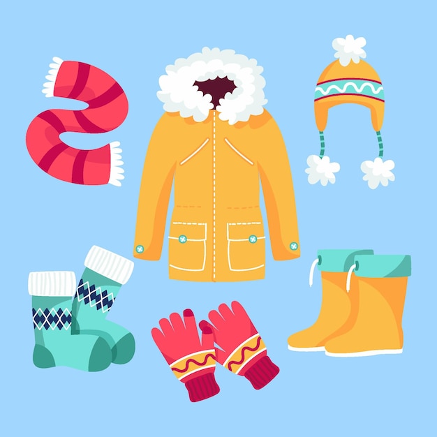 Coleção de roupas de inverno e essenciais desenhadas à mão