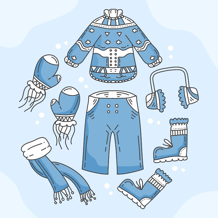 Vetor grátis coleção de roupas de inverno e essenciais desenhadas à mão