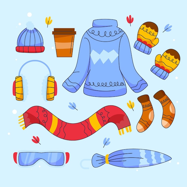 Coleção de roupas de inverno e essenciais desenhadas à mão