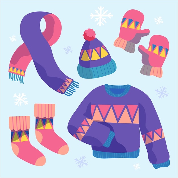 Coleção de roupas de inverno e essenciais desenhadas à mão