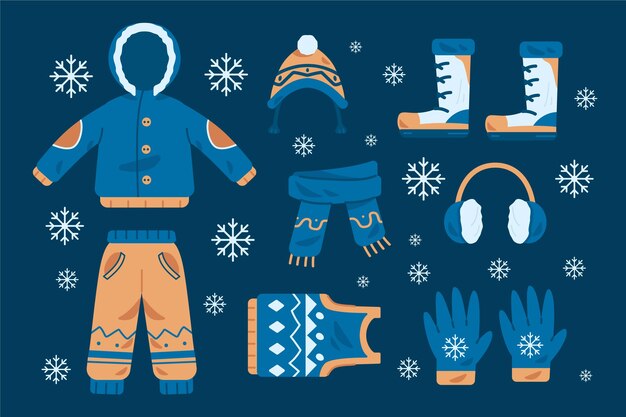 Coleção de roupas de inverno e essenciais desenhadas à mão