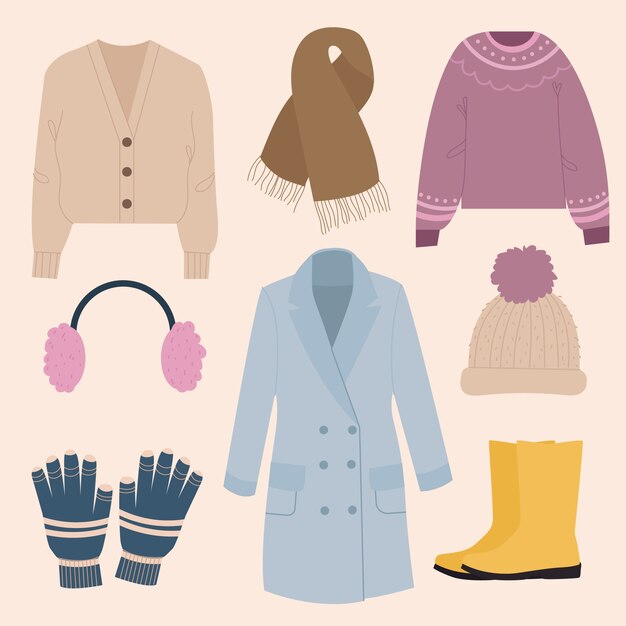 Coleção de roupas de inverno e essenciais desenhadas à mão