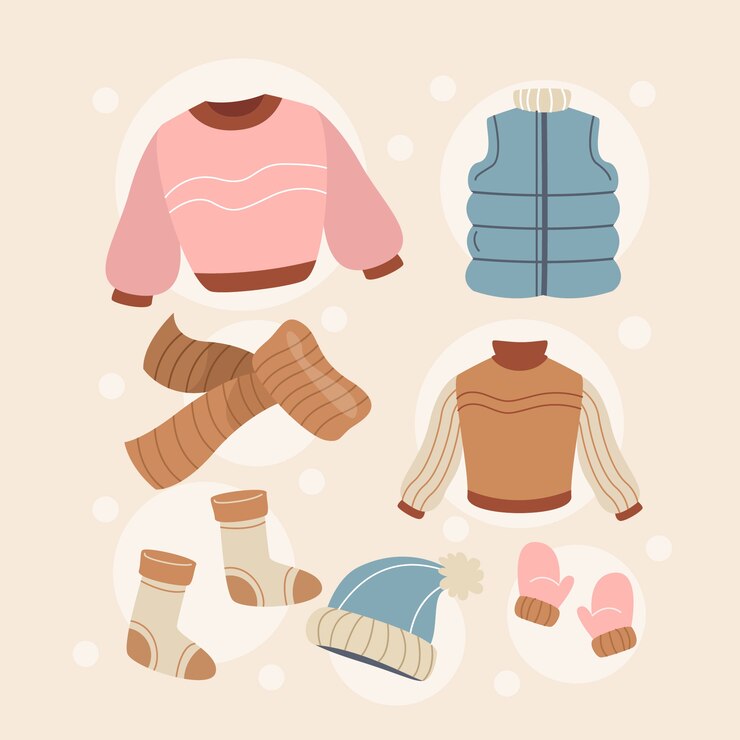 Vetor grátis coleção de roupas de inverno e essenciais desenhadas à mão