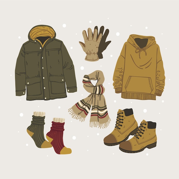 Coleção de roupas de inverno e essenciais desenhadas à mão