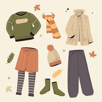 Coleção de roupas de outono com design plano