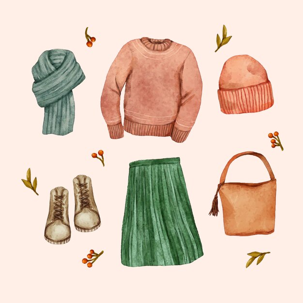 Coleção de roupas e fundamentos de aquarela de inverno