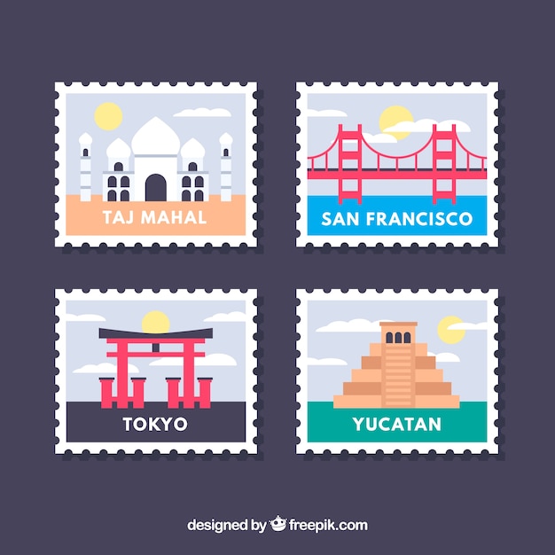 Vetor grátis coleção de selos de cidade em estilo plano