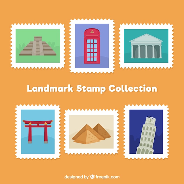 Vetor grátis coleção de selos de marco com cidades e monumentos