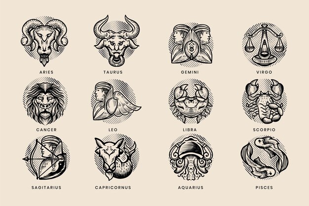Coleção de signos do zodíaco gravados à mão