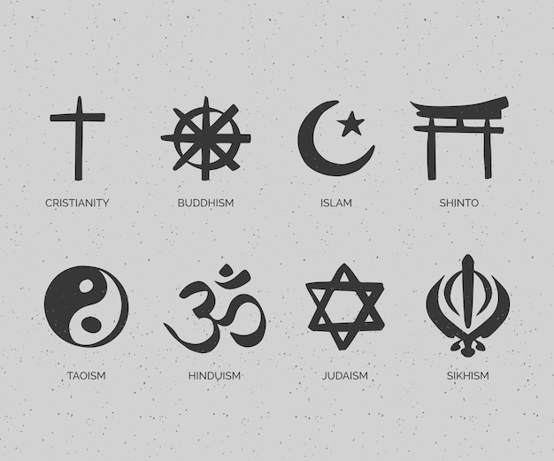Coleção de símbolos religiosos de design plano desenhado à mão
