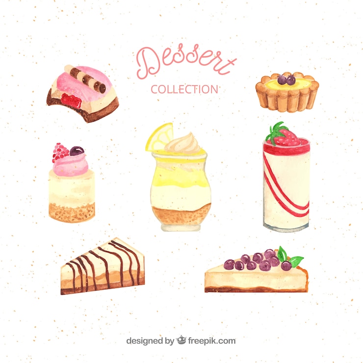 Vetor grátis coleção de sobremesas de doces em estilo aquarela