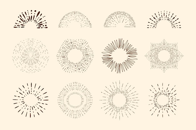 Coleção de sunbursts desenhada à mão