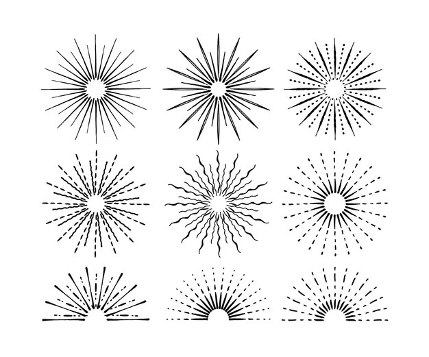 Coleção de sunbursts desenhados à mão