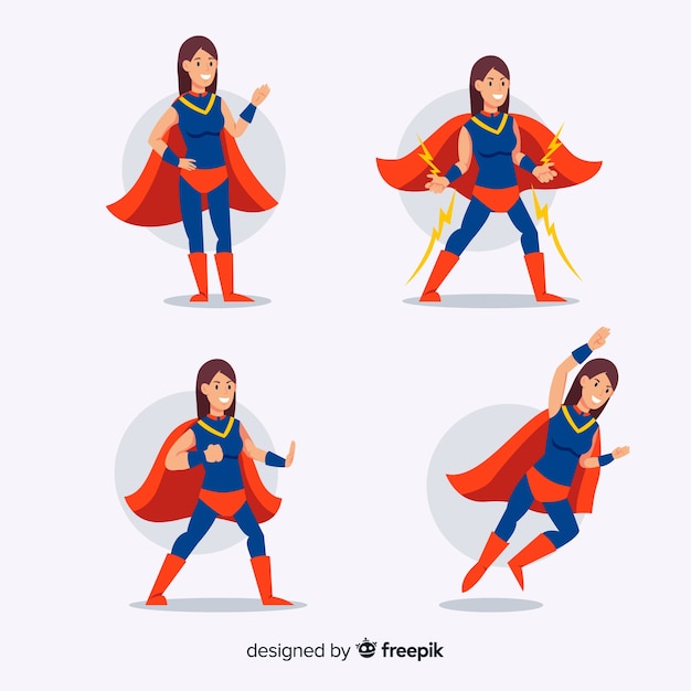 Coleção de super-herói feminino colorido com design plano