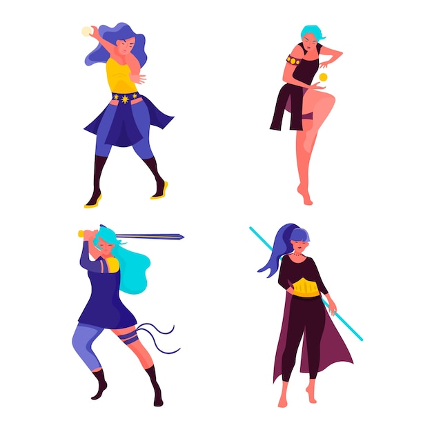Coleção de super-herói feminino colorido com design plano