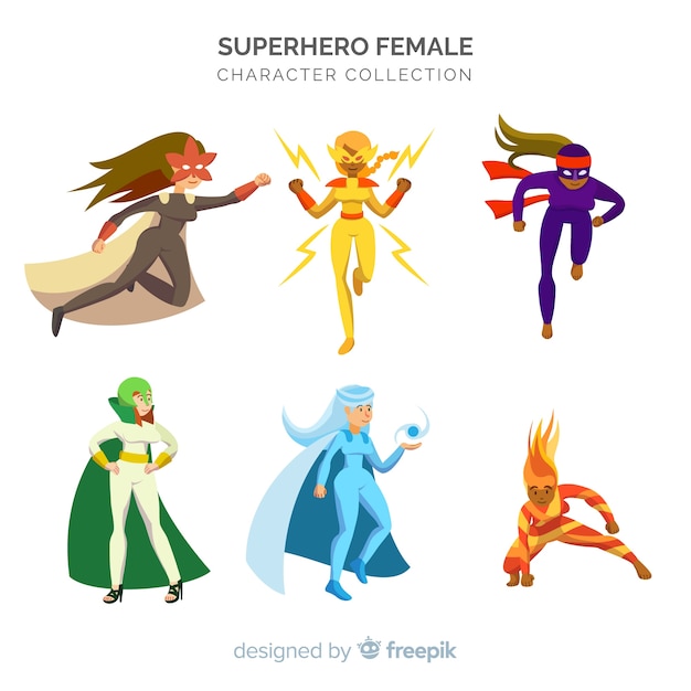 Vetor grátis coleção de super-herói feminino colorido com design plano