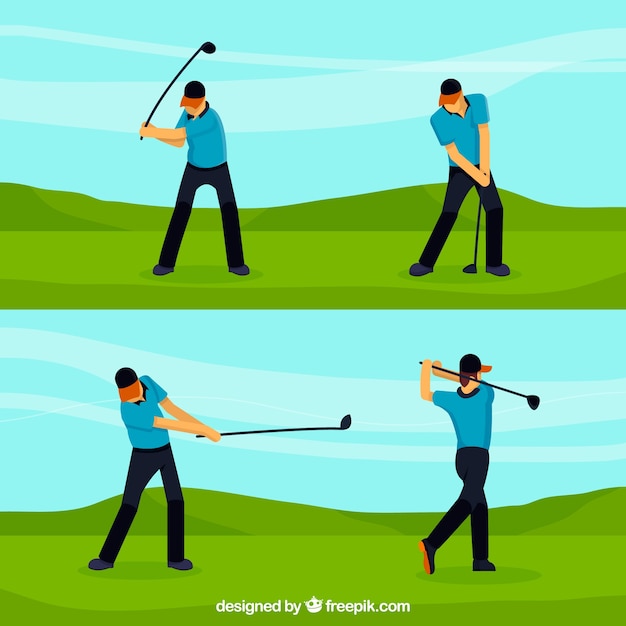 Coleção de swing de golfe com homem em estilo plano