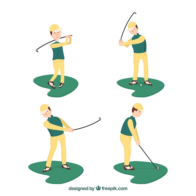 Coleção de swing de golfe com homem em estilo plano