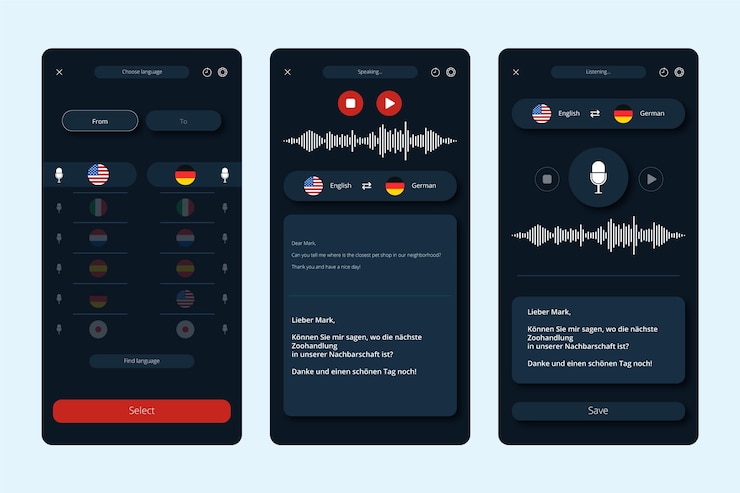 Vetor grátis coleção de telas para app tradutor de voz