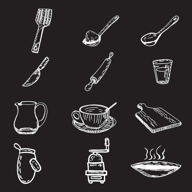 Vetor grátis coleção de utensílios de cozinha desenhada a mão