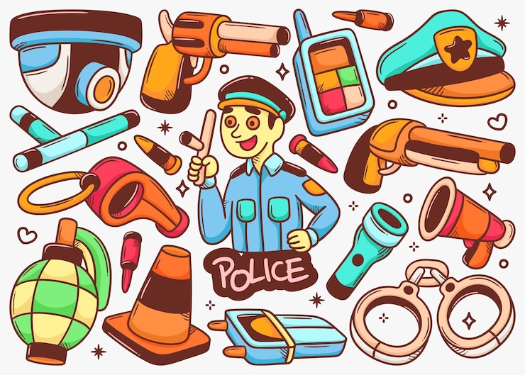 Vetor grátis coleção de vetores coloridos desenhados à mão de rabiscos de polícia