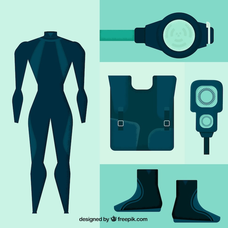 Vetor grátis coleção de websuit e mergulho acessórios em design plano