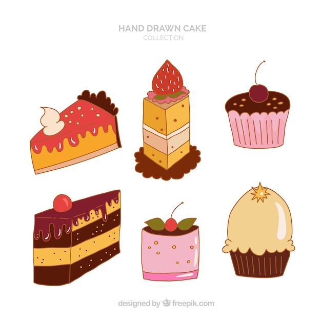 Coleção deliciosa de bolos em estilo desenhado à mão