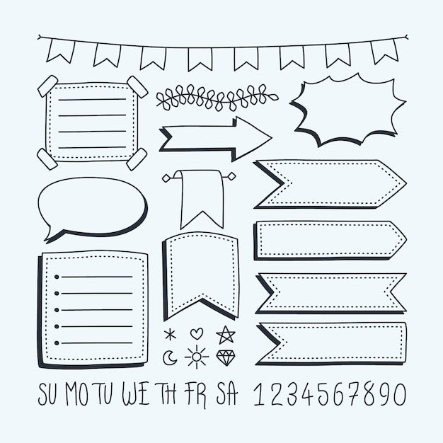 Vetor grátis coleção desenhada de elementos do diário com marcadores