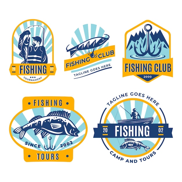 Vetor grátis coleção detalhada de distintivos de pesca vintage