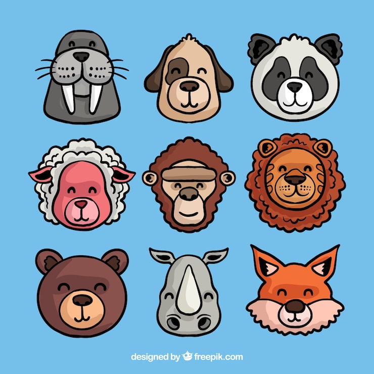 Vetor grátis coleção divertida de caras de animais
