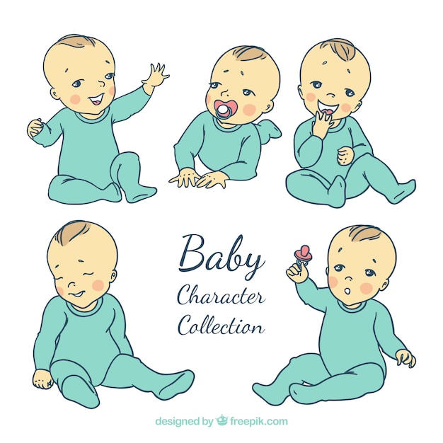 Vetor grátis coleção do caráter do bebê com pijamas azuis