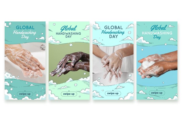 Coleção global de histórias do instagram do dia da lavagem das mãos desenhada à mão