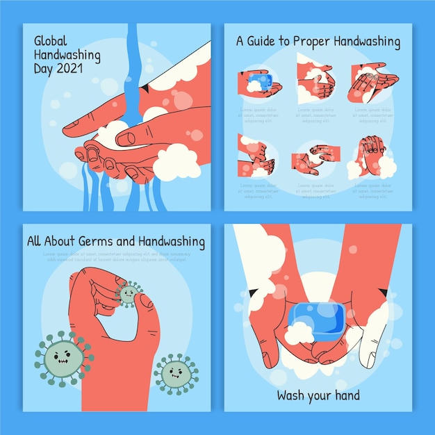 Vetor grátis coleção global de postagens do instagram do dia da lavagem das mãos desenhada à mão